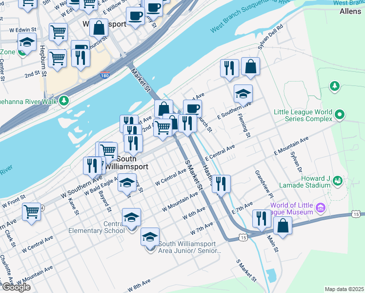 map of restaurants, bars, coffee shops, grocery stores, and more near 30 East Southern Avenue in Williamsport