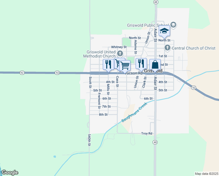 map of restaurants, bars, coffee shops, grocery stores, and more near 404 4th Street in Griswold