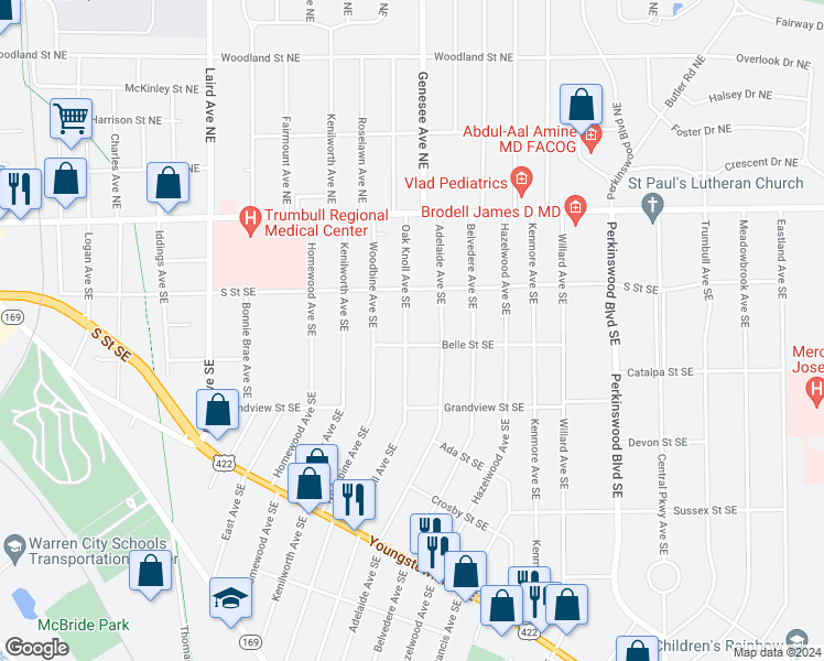 map of restaurants, bars, coffee shops, grocery stores, and more near 385 Oak Knoll Avenue Southeast in Warren