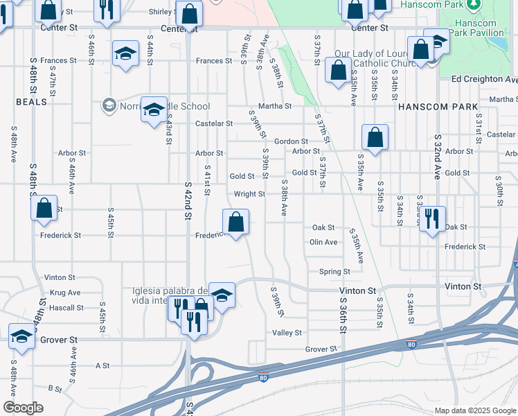 map of restaurants, bars, coffee shops, grocery stores, and more near 2802 South 39th Street in Omaha