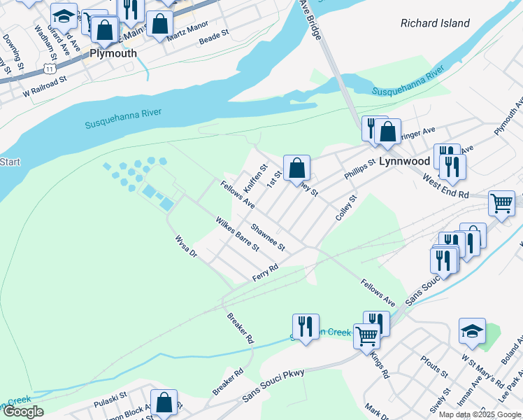 map of restaurants, bars, coffee shops, grocery stores, and more near 7 Garrahan Street in Wilkes-Barre