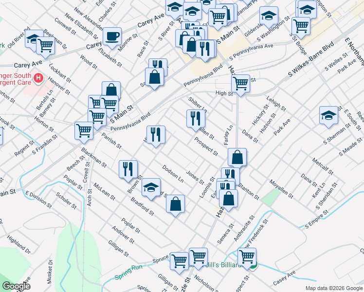 map of restaurants, bars, coffee shops, grocery stores, and more near 144 Stanton Street in Wilkes-Barre
