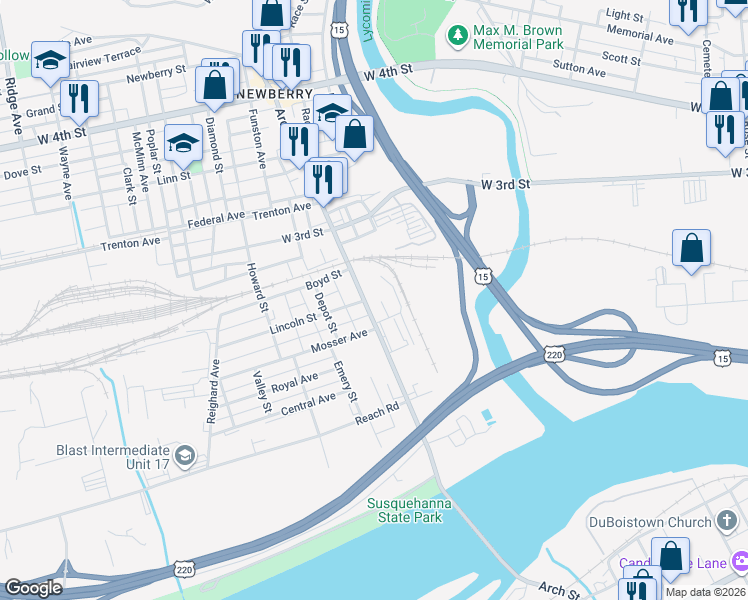 map of restaurants, bars, coffee shops, grocery stores, and more near 400-498 Arch Street in Williamsport