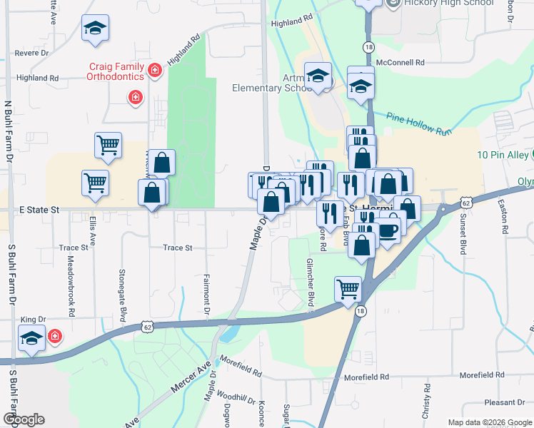 map of restaurants, bars, coffee shops, grocery stores, and more near 2925 State Route 3008 in Hermitage