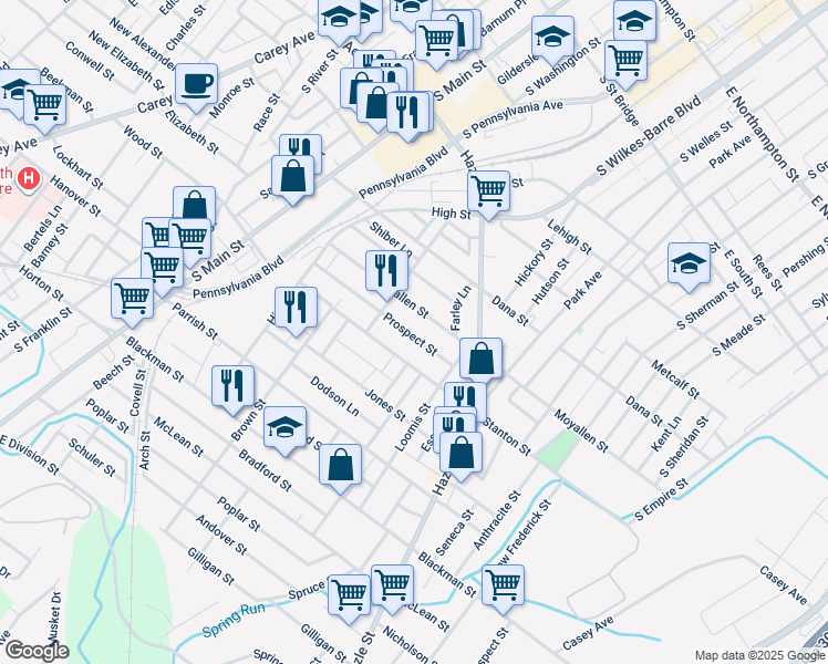 map of restaurants, bars, coffee shops, grocery stores, and more near 124 Prospect Street in Wilkes-Barre