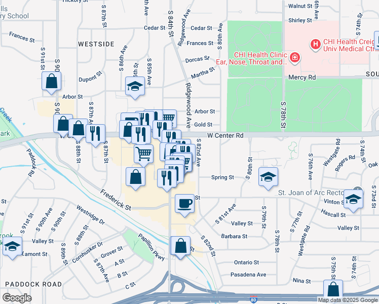 map of restaurants, bars, coffee shops, grocery stores, and more near 8315 W Center Rd in Omaha