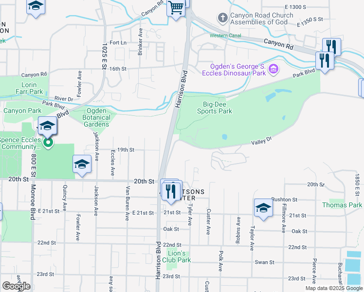 map of restaurants, bars, coffee shops, grocery stores, and more near 1255 Valley Drive in Ogden