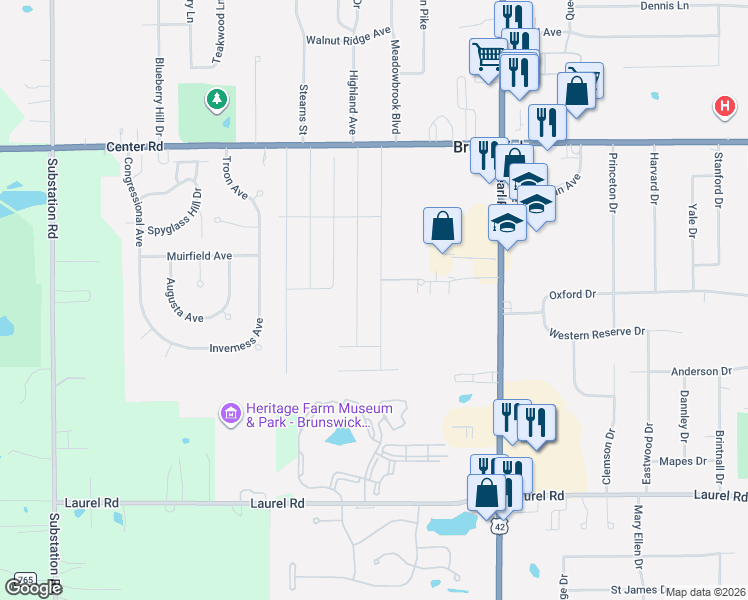 map of restaurants, bars, coffee shops, grocery stores, and more near 1546 Jefferson Avenue in Brunswick