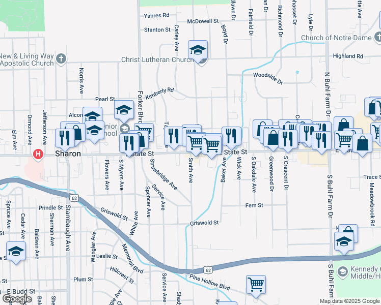 map of restaurants, bars, coffee shops, grocery stores, and more near 1 Smith Avenue in Sharon