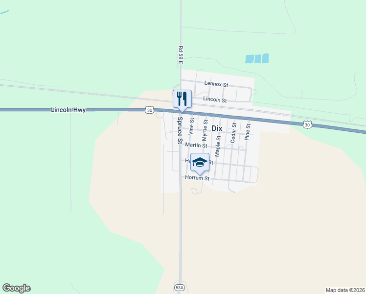 map of restaurants, bars, coffee shops, grocery stores, and more near 200 Martin Street in Dix