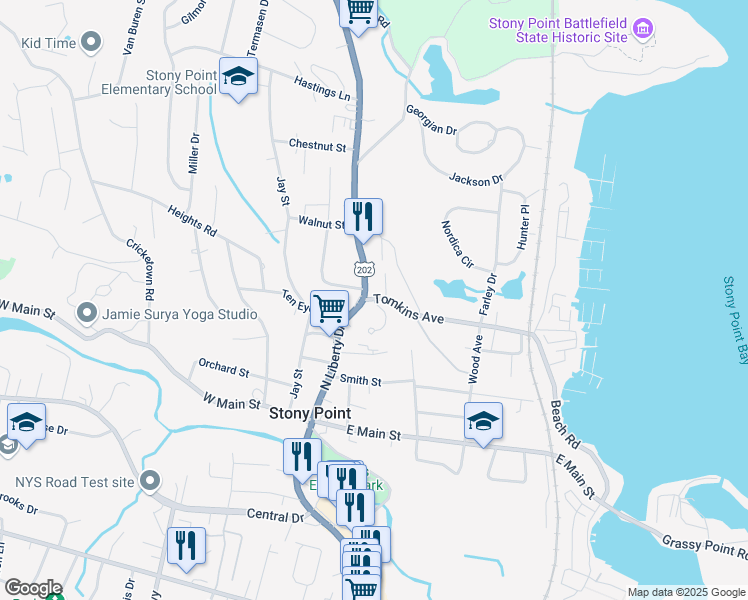 map of restaurants, bars, coffee shops, grocery stores, and more near 110 Tomkins Avenue in Stony Point