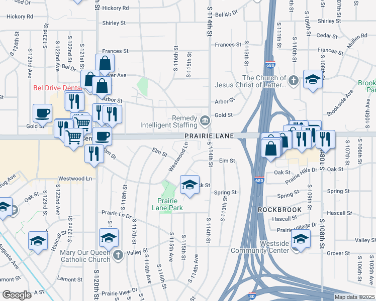 map of restaurants, bars, coffee shops, grocery stores, and more near 11525 Westwood Lane in Omaha