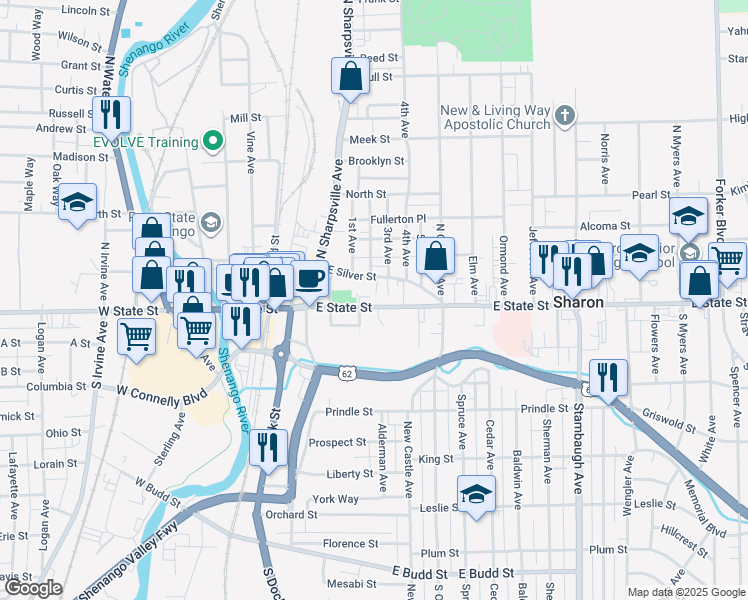 map of restaurants, bars, coffee shops, grocery stores, and more near 381 East State Street in Sharon