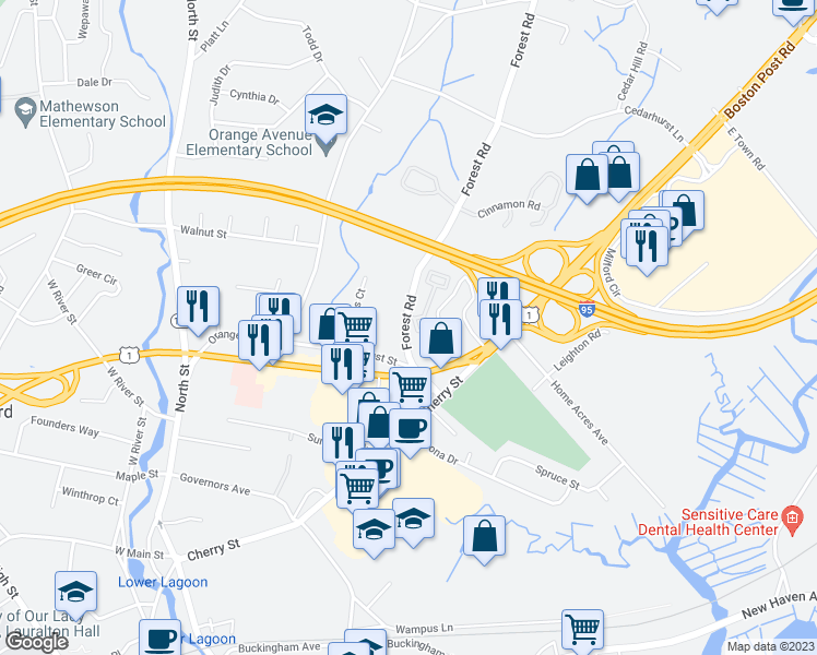map of restaurants, bars, coffee shops, grocery stores, and more near 33d Forest Road in Milford