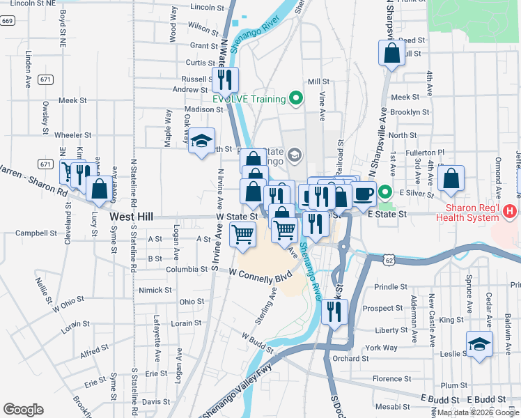 map of restaurants, bars, coffee shops, grocery stores, and more near 2-58 North Water Avenue in Sharon