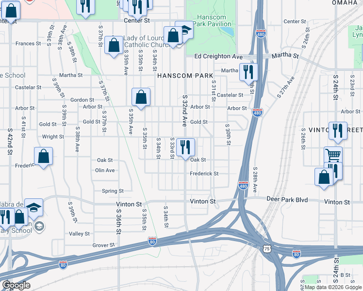 map of restaurants, bars, coffee shops, grocery stores, and more near 2805 South 33rd Street in Omaha