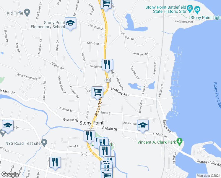 map of restaurants, bars, coffee shops, grocery stores, and more near 110 Tomkins Avenue in Stony Point
