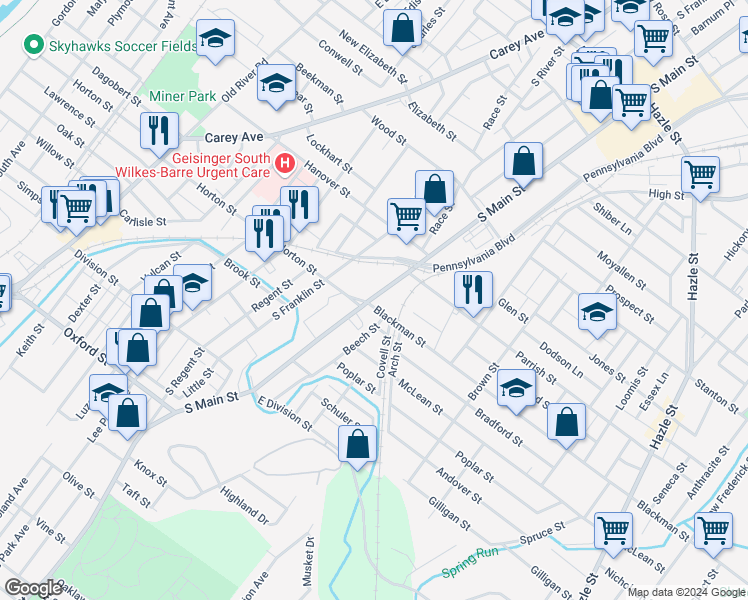 map of restaurants, bars, coffee shops, grocery stores, and more near 6 Blackman Street in Wilkes-Barre