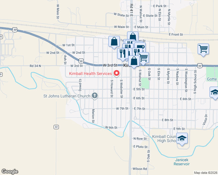 map of restaurants, bars, coffee shops, grocery stores, and more near 411 South Burg Street in Kimball