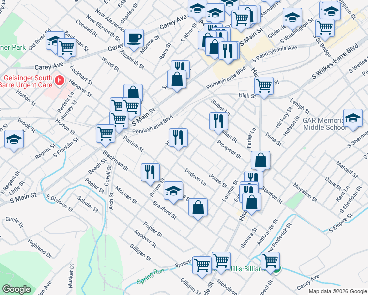 map of restaurants, bars, coffee shops, grocery stores, and more near 33 Brown Street in Wilkes-Barre