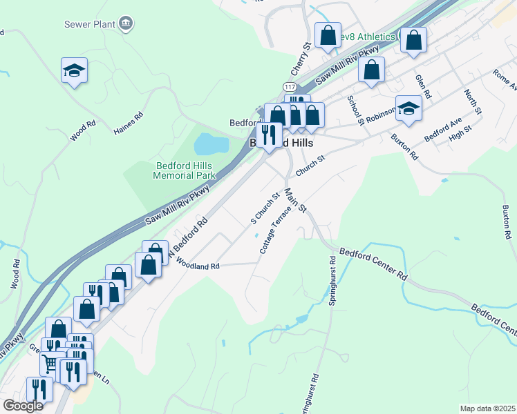 map of restaurants, bars, coffee shops, grocery stores, and more near 26 Burbank Avenue in Bedford Hills