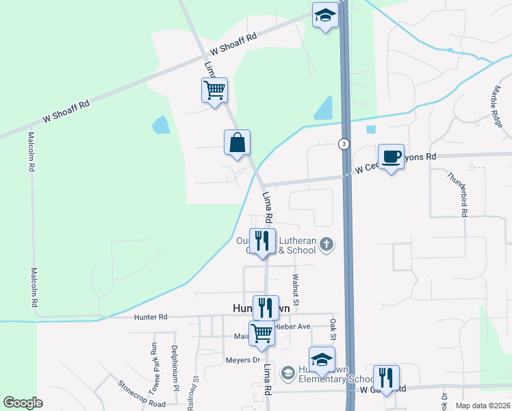 map of restaurants, bars, coffee shops, grocery stores, and more near 16127 Lima Road in Huntertown