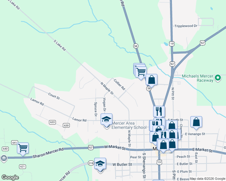 map of restaurants, bars, coffee shops, grocery stores, and more near 480 North Maple Street in Mercer