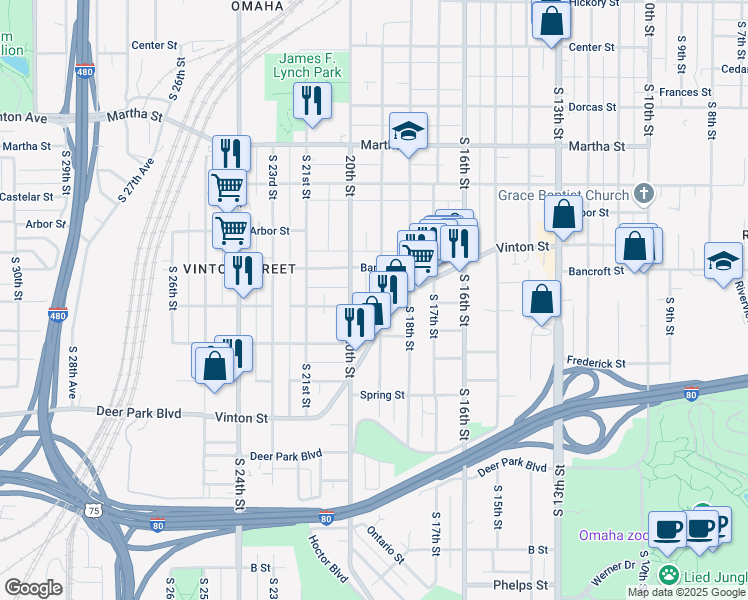 map of restaurants, bars, coffee shops, grocery stores, and more near 2726 South 19th Street in Omaha