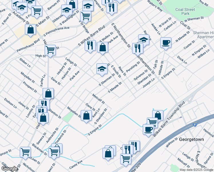 map of restaurants, bars, coffee shops, grocery stores, and more near 284 Lehigh Street in Wilkes-Barre