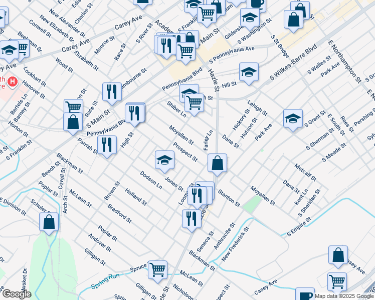 map of restaurants, bars, coffee shops, grocery stores, and more near 124 Prospect Street in Wilkes-Barre