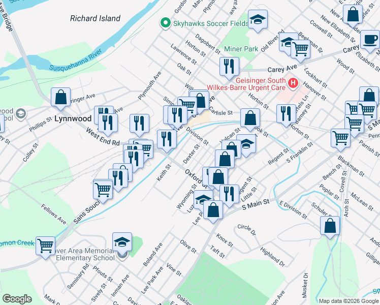 map of restaurants, bars, coffee shops, grocery stores, and more near 16-20 Dexter St in Wilkes-Barre