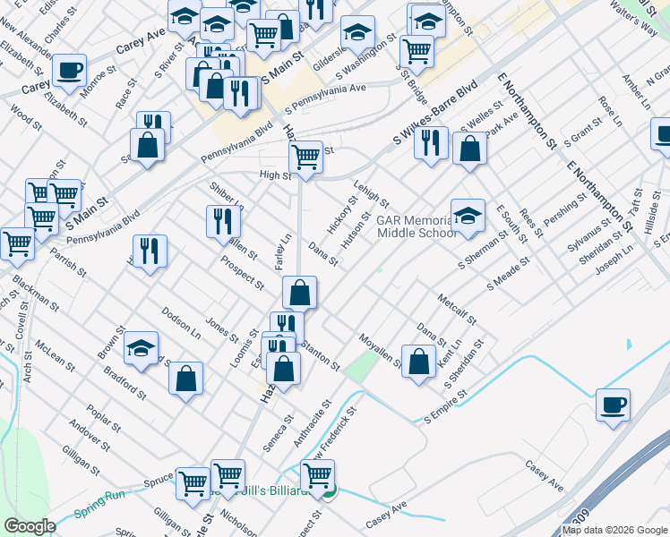 map of restaurants, bars, coffee shops, grocery stores, and more near 244 Hazle Street in Wilkes-Barre