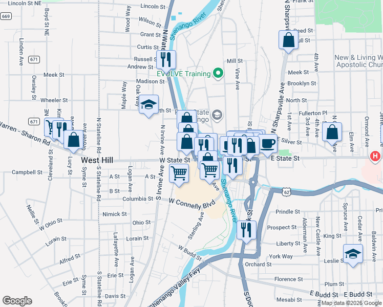 map of restaurants, bars, coffee shops, grocery stores, and more near 2-58 North Water Avenue in Sharon