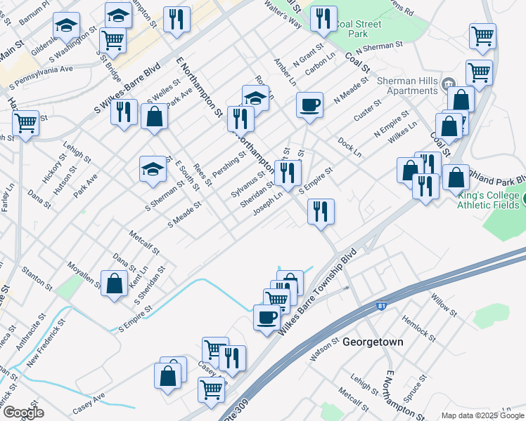 map of restaurants, bars, coffee shops, grocery stores, and more near 56 Sheridan Street in Wilkes-Barre