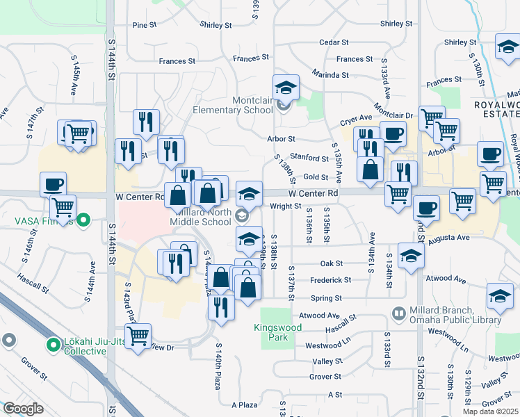 map of restaurants, bars, coffee shops, grocery stores, and more near 2828 South 139th Street in Omaha