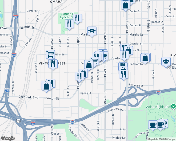 map of restaurants, bars, coffee shops, grocery stores, and more near 1818 Vinton Street in Omaha