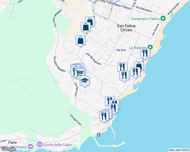 map of restaurants, bars, coffee shops, grocery stores, and more near 16 Via Ponza in San Felice Circeo