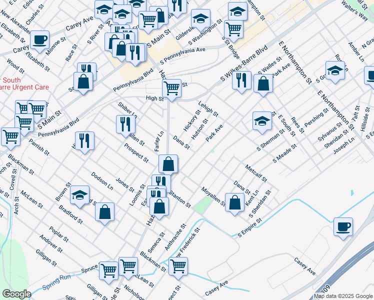 map of restaurants, bars, coffee shops, grocery stores, and more near 241 Dana Street in Wilkes-Barre
