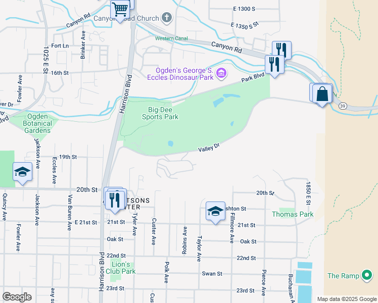 map of restaurants, bars, coffee shops, grocery stores, and more near 1455 Valley Drive in Ogden