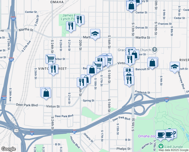 map of restaurants, bars, coffee shops, grocery stores, and more near 1801 Vinton Street in Omaha