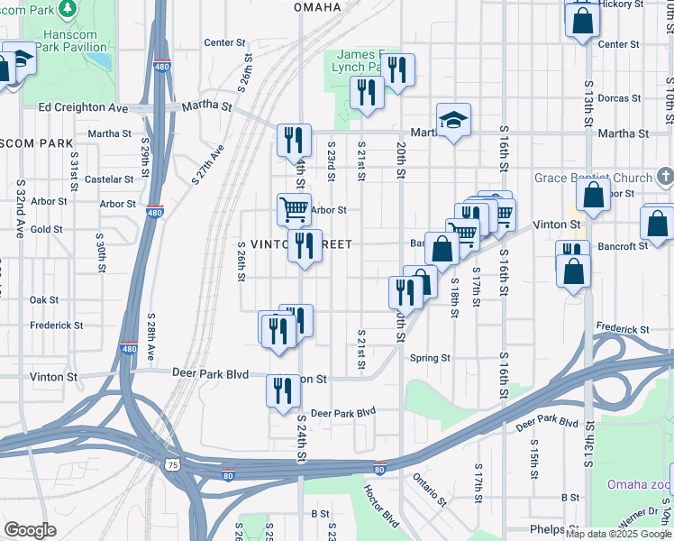 map of restaurants, bars, coffee shops, grocery stores, and more near 2722 South 23rd Street in Omaha