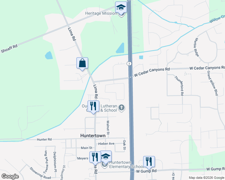 map of restaurants, bars, coffee shops, grocery stores, and more near 1917 Stoner's Mill Drive in Huntertown
