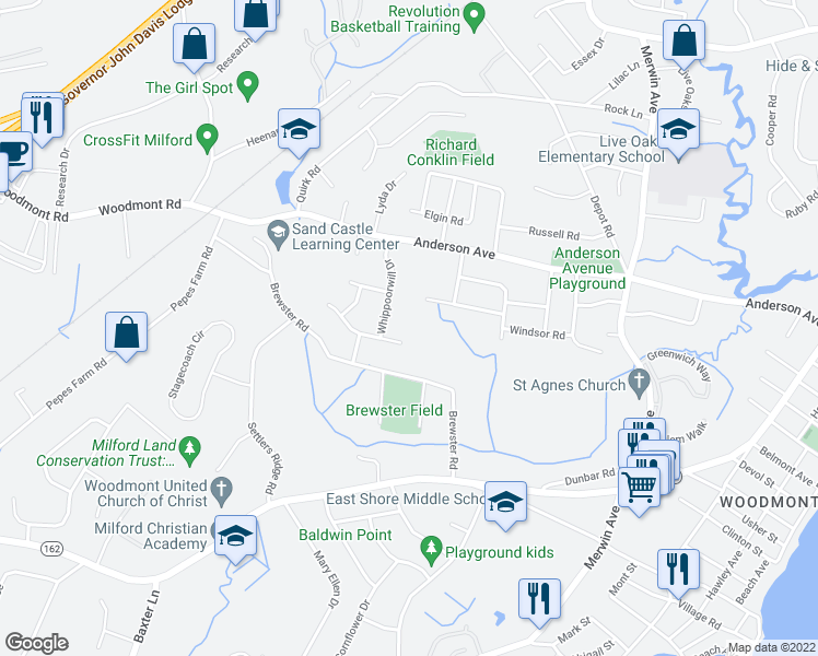map of restaurants, bars, coffee shops, grocery stores, and more near 96 Franklin Road in Milford