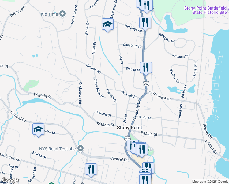 map of restaurants, bars, coffee shops, grocery stores, and more near 38 Ten Eyck Street in Stony Point