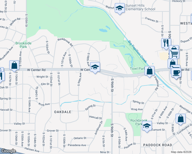map of restaurants, bars, coffee shops, grocery stores, and more near 9801 West Center Road in Omaha