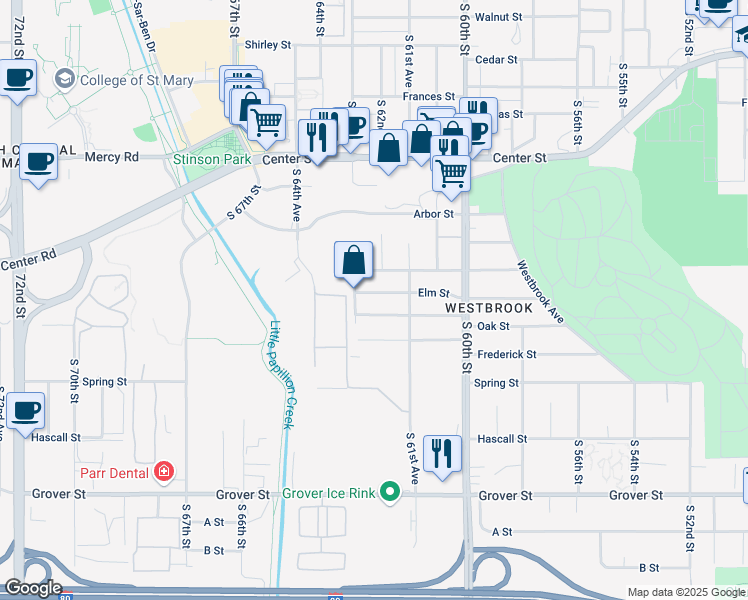 map of restaurants, bars, coffee shops, grocery stores, and more near 6216 Elm Street in Omaha