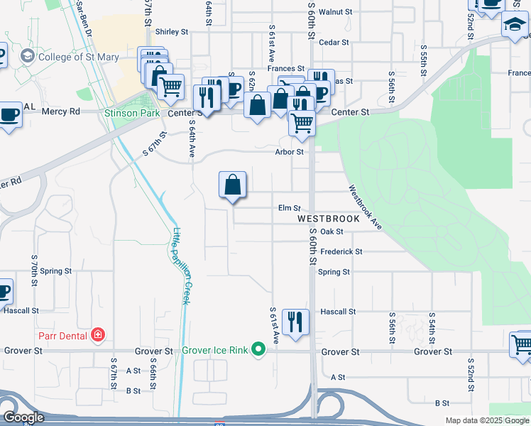 map of restaurants, bars, coffee shops, grocery stores, and more near 6157 Elm Street in Omaha