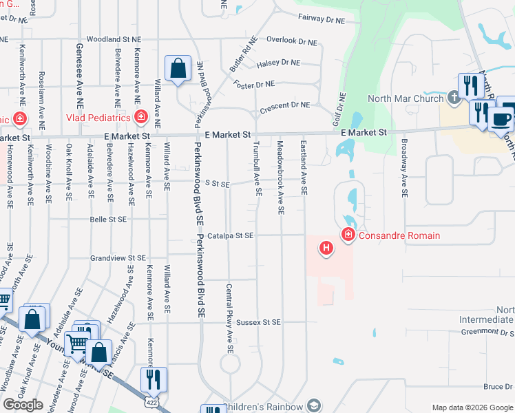 map of restaurants, bars, coffee shops, grocery stores, and more near 361 Trumbull Avenue Southeast in Warren
