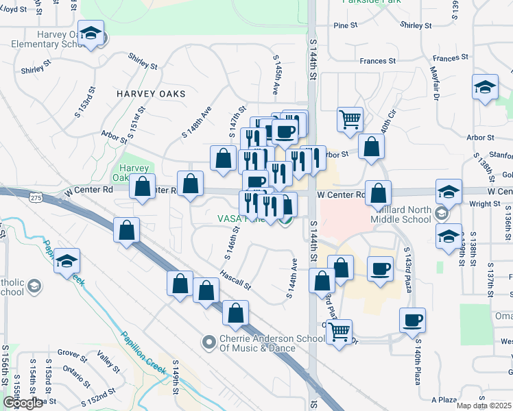 map of restaurants, bars, coffee shops, grocery stores, and more near 2725 South 146th Street in Omaha