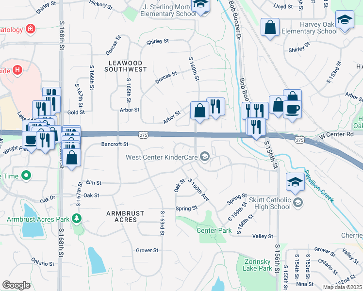 map of restaurants, bars, coffee shops, grocery stores, and more near 17011 Wright Plaza in Omaha